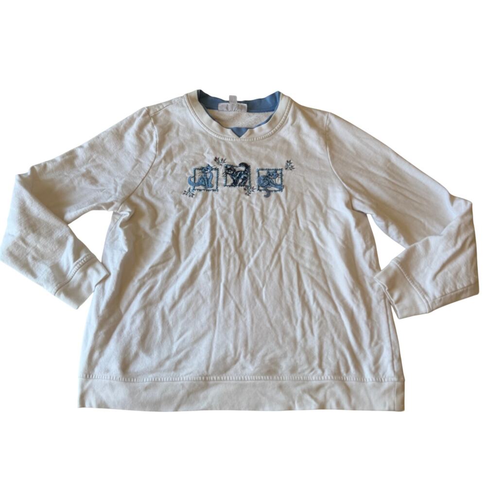 Vtg Y2K 2000s White Cat Embroidered Sweater Sz L Cottagecore Kitten